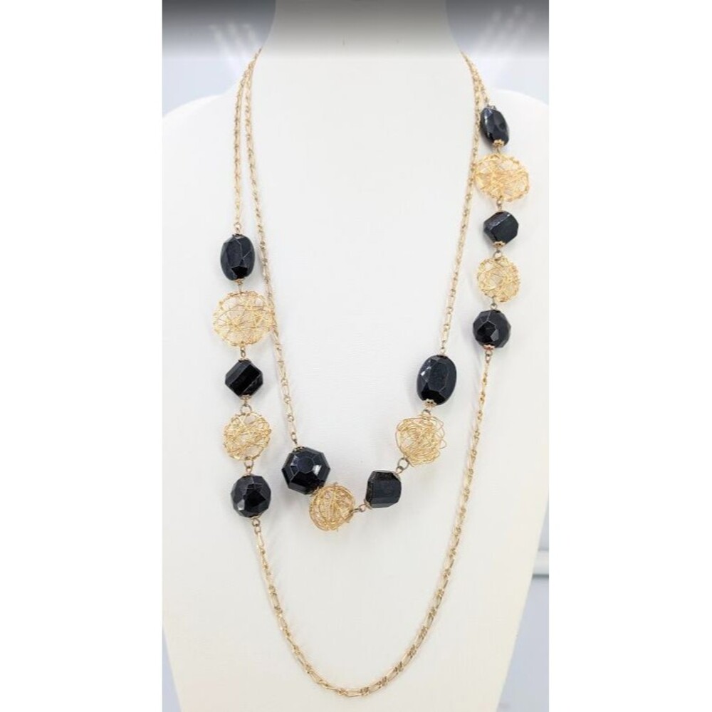 Statement Necklace VCLM 2 Strand Black Acrylic Beads Gold Tone Wire Ball 29 in